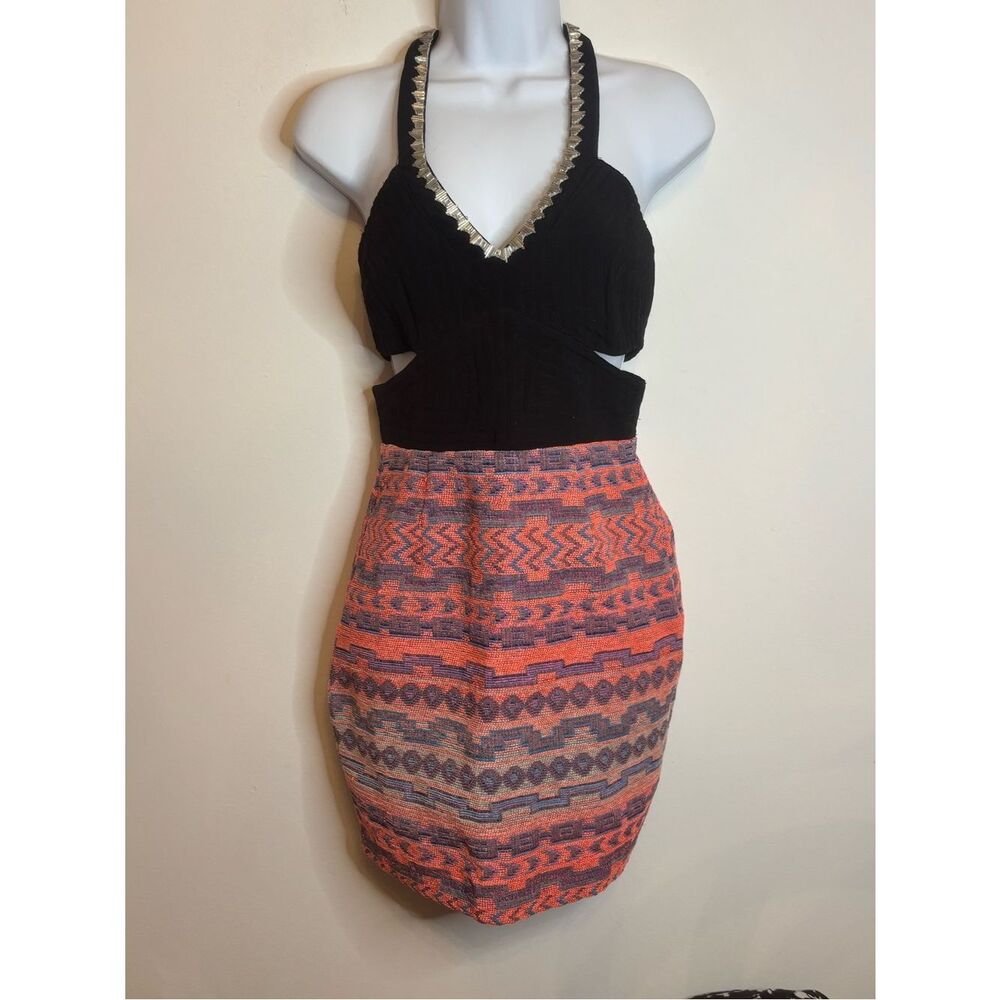 Saylor EUC black cut out Aztec print mini dress Size XS